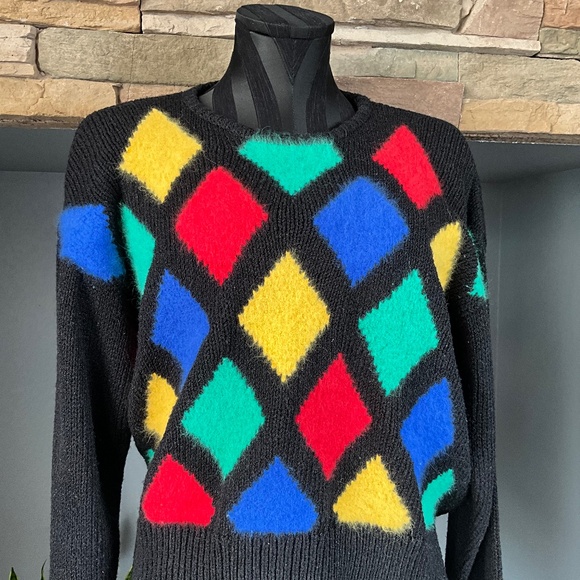VTG Argyle Preppy Wool Angora Cropped Sweater Indie Grunge Artsy Black Blue L - Picture 3 of 9